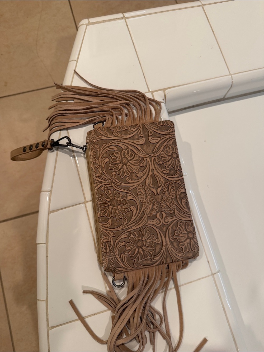 Wrangler Tooled Floral Fringe Wristlet - Tan